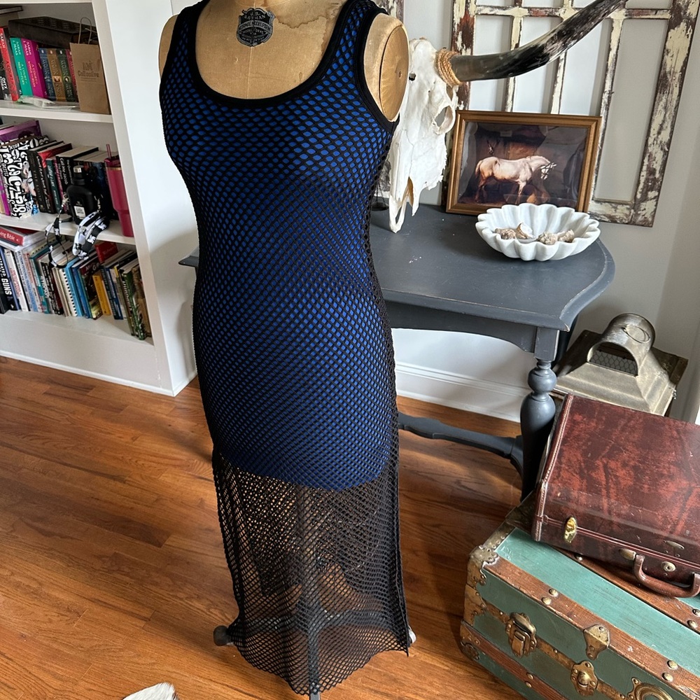 New Bailey 44 Black and Blue Mesh Maxi Dress